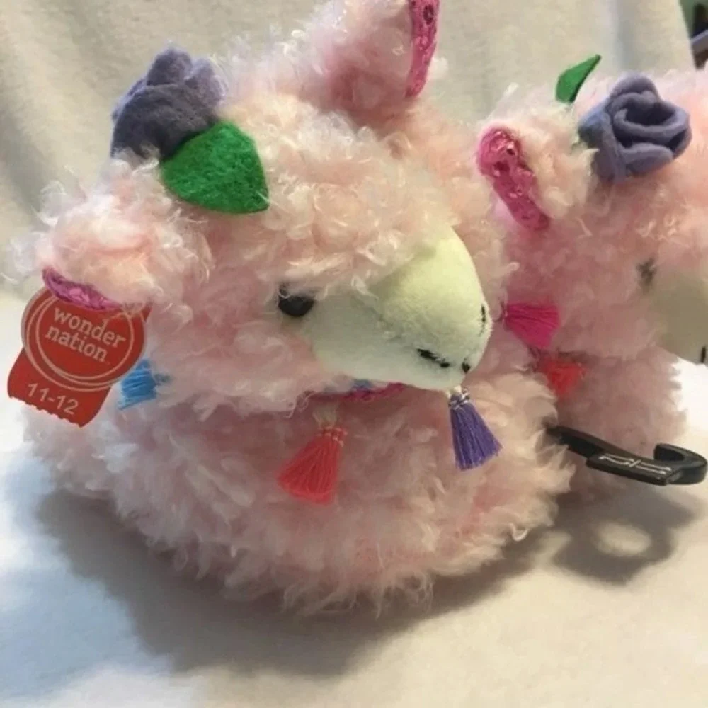 Wonder Nation Llama Slippers Kids 11-12 Pink NEW Fuzzy Tassel Sequin Alpaca Shoe